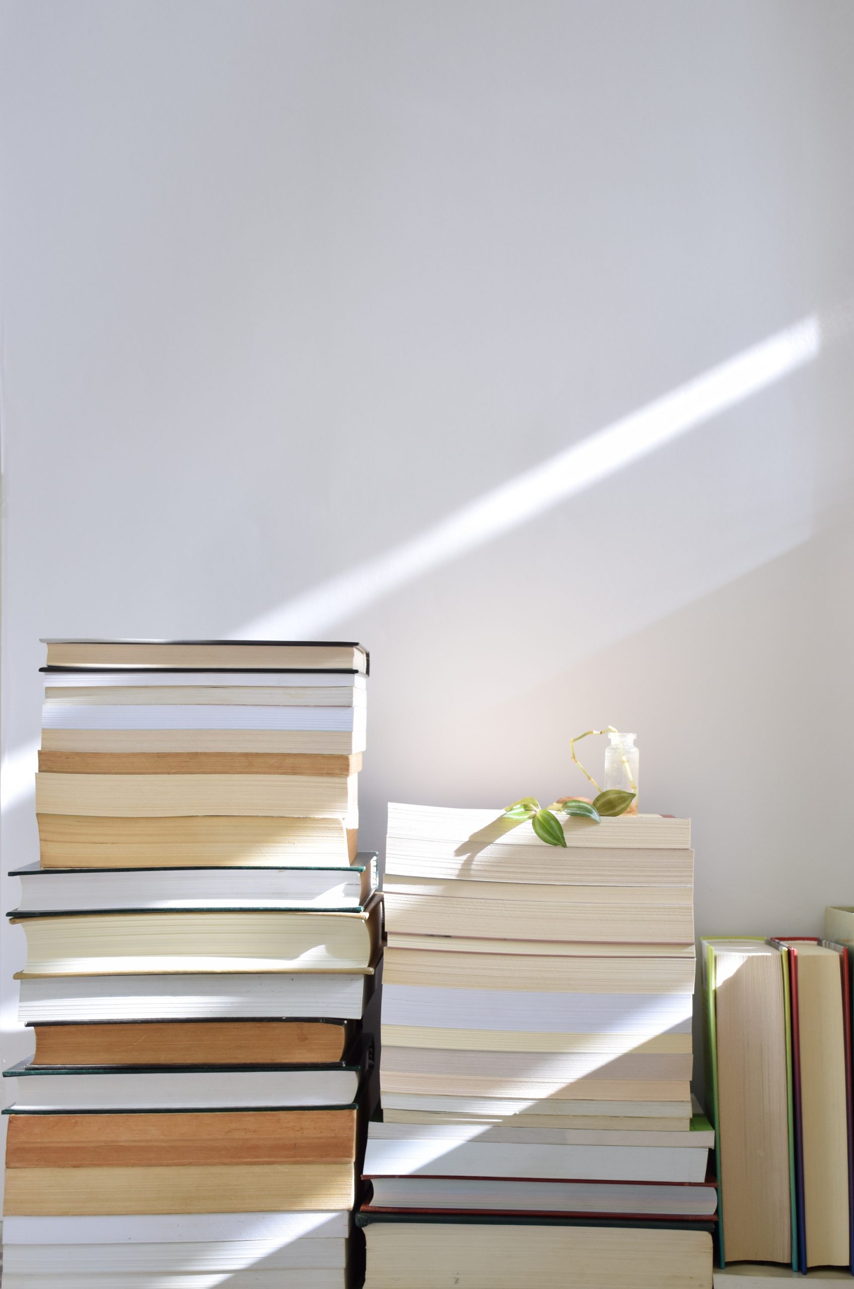 Pile of books stacked against a white wall